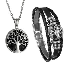 Cupimatch Pendant Necklace Bracelet Set: Stainless Steel Tree of Life Symbol Pendant Necklace Leather Bracelet Men's Jewelry Set Gift (Black)