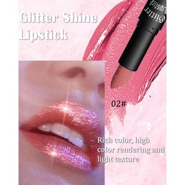 Glitter Lipstick, Waterproof Long Lasting Lip Gloss, Diamond Metallic Sparkling Matte Lipstick, Matte Glitter Lipstick Lip Gloss for Women Lips Make-up, Gift for Women's Day -02 Pink