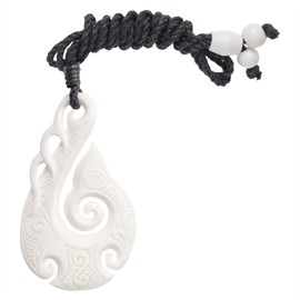 81stgeneration Carved Bone Koru HEI Matau Pendant with Ocean Waves - Maori Style Necklace - Women's Men's Tribal Jewellery - Cord Hawaii Necklace with Bone Fish Hook - Surfer Accessories