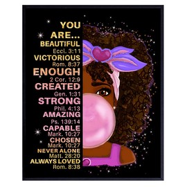 Black African American Girl Wall Art & Decor - Black Art - Positive Affirmations - Christian Bible Verses - Inspirational Positive Quotes - Pink Little Girls Bedroom Decor - Toddler Girls Bedroom