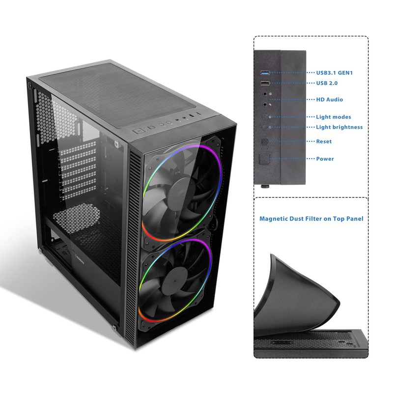 Gaming Case Mid-Tower with Tempered Glass Side Panel, 2x200mm ARGB