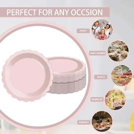 Yinbanban 60 Pcs 7 Inch Scalloped Paper Plates – Disposable Decorative Dessert Plates for Party, Baby Shower, Wedding – Thick & Waterproof Pink Plates (Elegant Design, Bulk Pack)