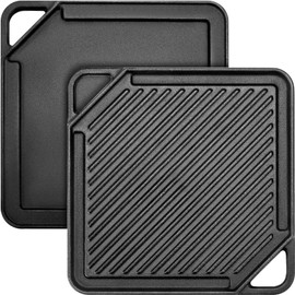 GGC Cast Iron Reversible Griddle, 2-In-1 Griddle Pan for Gas Grills and Stove Tops, 10 x 10 Square Baking Flat and Ribbed Griddle Plate