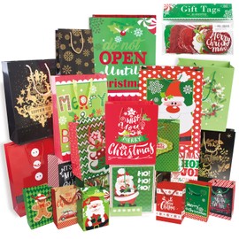 Party Funny 24 Christmas Gift Paper Bags Bulk with handles and 60 Count Christmas Gift Tags-Assorted sizes set for Wrapping Xmas Holiday Presents(6 Jumbo,6 Large,6 Medium,6 Small)