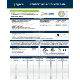 Syston Cat 6E Ethernet Network Cable Shielded - 250 FT, 600MHz 23 AWG F/UTP Solid Bare Copper Wire, Plenum-Rated CMP Sunlight-Resistant Indoor/Outdoor Use, Bulk No Ends 20 ft to 1000 ft Available