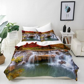 ANHOPE Autumn Waterfall Duvet Cover Set Soft Lightweight Microfibre 3 Piece Bedding Set with 2 Pillowcase Fall Nature Waterfall Stream Print Pattern All Season Quilt Cover with Zipper Closure Single