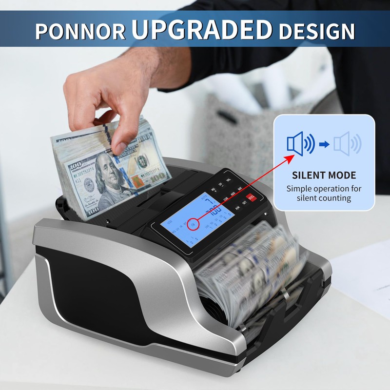 PONNOR Money Counter Machine with Value Count, UV/MG/IR/MT/DD Counterfeit Bill