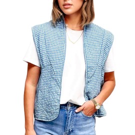VAOYIU Womens Cropped Puffer Vest Lightweight Sleeveless Plaid Printed Cotton Quilted Vest Outwear(8-Blue-S)