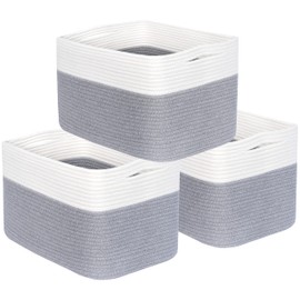 MINTWOOD Design 3-Pack Storage Baskets for Shelves, Playroom and Classroom Storage Basket, Book Basket, Decorative Storage Cube Bins, Woven Closet Organizers, Pantry and Shoe Organizer, Grey