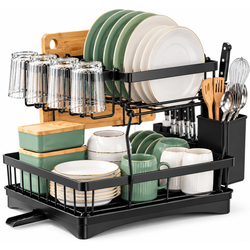 2-Tier Dish Drying Rack for Kitchen Countertops – Removable Metal
