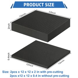 Polyurethane Foam Sheet, 4pcs Foam Inserts Black foam padding, 2 Sizes Pick Apart Foam Inserts for Cases Packing Padding, Toolbox, Camera Storage,Game Box (12in x 12in x 2in + 12in x 12in x 0.4in)