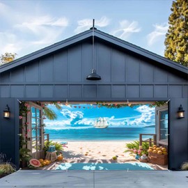 Lexfvpoo Natural Beach Garage Door Cover 7x16ft Rustic Wooden Summer Garage Door Banner Tranquil Ocean and Sailboat Hawaiian Garage Door Decorations Large Beach Themed Backdrop for 2 Car Garage