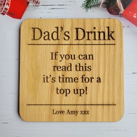 Drink Coaster Gift For Dad Mum Friend Office Wooden Oak