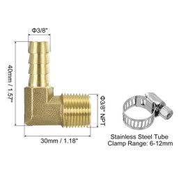 sourcing map 2pcs Brass Hose Barb Fittings, 3/8" Barb x 3/8" NPT Male 90 Degree Brass Elbow Fitting Adapter with Hose Clamps for Water Fuel Air, Mechanical Devices