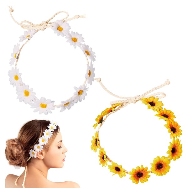 2 Pcs White And Yellow Daisy Flower Headband，Sunflower Hair Wreath