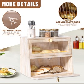 JUATPNIY Vintage Double Layer Bread Box for Kitchen Countertop，Large White Bread Boxes Wooden Breadbox Bread Storage Container Bin Bread Holder(Vintage White)