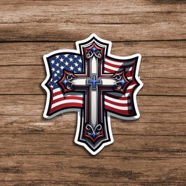American Flag Cross Vinyl Sticker 5 Inch Waterproof Christian Patriotic Decal Jesus Faith Religious USA Graphic for Car Truck Laptop Window Water Bottle Bumper