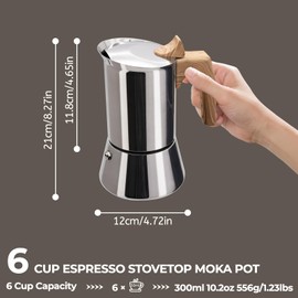 304 Thickened Stainless Steel Moka Pot 6 Cup 300ml Coffee Maker Stovetop Espresso Coffeemaker Italian Classic Style Brewing Greca Cafe Mocha Machine for Cafeteras Camping Travel and Home Use 10oz