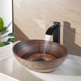 Kukworye Ceramic Vessel Sink with Faucet and Drain Combo Brown Bathroom Sink Above Counter Oval Sinks Bowl