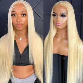 CUEKT Blonde 613 Lace Front Wig Synthetic Pre Cut Lace Wig for Hair Beginner Friendly Straight Frontal Wigs Pre Plucked Hairline Colored 180 Density Transparent Lace Wig for Black Women