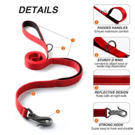 TwoEar 6FT 1IN Strong Red Dog Leash with 2 Padded Handles, Traffic Handle Extra Control, Comfortable Soft Dual Handle, Auto Lock Hook, Reflective Walking Lead for Small Medium and Large Dogs
