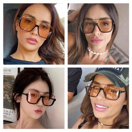 Heptagram Retro Oversized Aviator Sunglasses for Women Square Semi-Rimless Sun Glasses 70s Trendy Fashion Cute Shades (Black/Grey-Black)