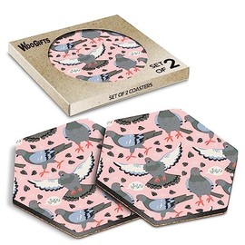 2 x Hexagon Coasters - Pink Pigeon Bird Pattern Seeds Hello Cork Backed MDF Glossy Tea Coffee Accessory #170760