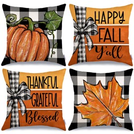 GEEORY Fall Pillow Covers 16 x 16 Inch Set of 4, Buffalo Bowknot Pumpkin Maple Leaf Decorative Throw Cushion Cases Farmhouse Thanksgiving Decor Indoor Decoration for Home Sofa Couch (Orange) 392-16
