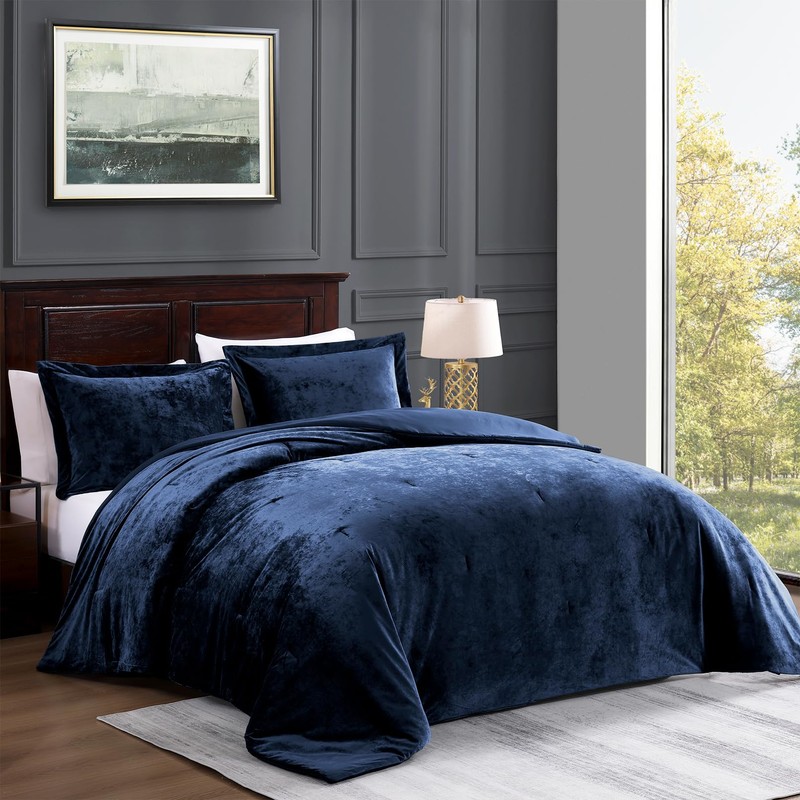 TAMGHO Navy Blue Velvet Comforter King Set 3pc, Blue Velvet