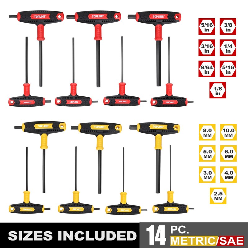 Topline 14-Piece Allen Wrench Set, Metric&SAE T-Handle, Long Arm Hex