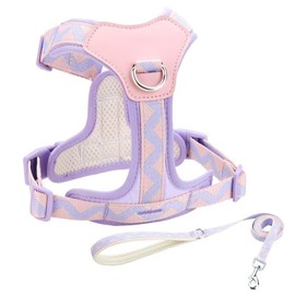 Dog Harness Small Sized Dog - No Pull Adjustable - Step-in with Genuine Leather Panel for Small, Medium, Large Dogs & Cats - Leash Option for Walking and Training Pink Purple M