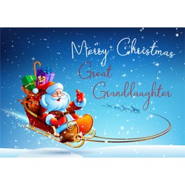 doodlecards Great Granddaughter Christmas Card Santas Sleigh Medium Size Christmas Card for Great Granddaughter with Plain Envelope