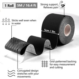Kinesiology Tape for Knees, 2in×16.4ft Roll Athletic Tape for Elastic Muscle Support, Waterproof Physio Tape for Relieve Muscle Soreness and Injury for Shoulder, Ankle, Breathable Face Tape,Black