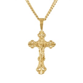 Angelus de Leon 14K Gold Style Curb Chain Cross Pendant Necklace 5MM Cross Necklace Clasp for MEN, HUSBAND Thin for Charms Miami Cuban Link Diamond Cut Religious Crucifix (24in)