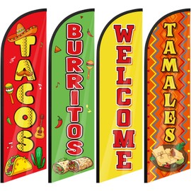 Remagr 4 Pcs Mexican Food Tacos Feather Flag 7. 9 ft x 23. 6 Inch Mexican Restaurants Advertising Banner Sign for Burritos Tamales and Welcome Advertising Flags Businesses Markets Outside