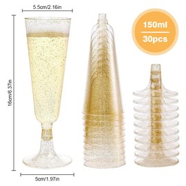 lbxtswpl Plastic Champagne Glasses, Pack of 30 Champagne Glasses, 150 ml with Gold Glitter Champagne Glasses, Cocktail Glasses, Reusable Plastic Champagne Flutes for Birthday, Wedding, Party, Picnics