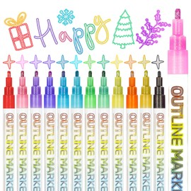 TIIKKASI Shimmer Outline Markers, 12 Colors Metallic Glitter Pens Set, Double Line Doodle Drawing, Birthday Holiday Present, DIY Art Crafts School Supplies, Girls Cool Cute Trendy Stuff