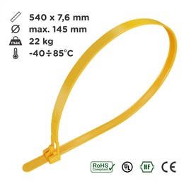 intervisio Cable Ties Resealable, 540 mm x 7.6 mm, Yellow, Extra Long, Pack of 100, Removable, Reusable