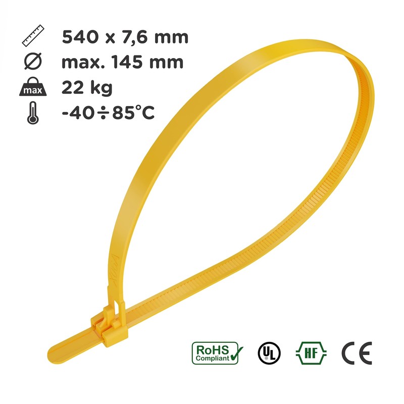 intervisio Cable Ties Resealable, 540 mm x 7.6 mm, Yellow,