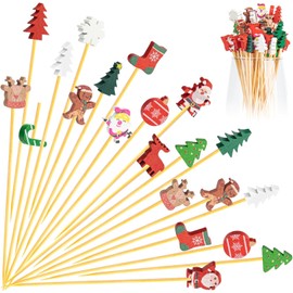 100 Pack Christmas Cocktail Picks Party Supplies, 15 Kinds of Toothpicks for Appetizers, 5.1 Inch Natural Bamboo Tree Cocktail Picks Charcuterie Drink Stirrers Skewers Holiday Decorations Decor
