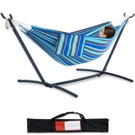 PNAEUT Double Hammock with Space Saving Steel Stand 2 Person Heavy Duty Garden Yard Outdoor 450lb Capacity Hammocks and Portable Carrying Bag (Blue Lagoon)
