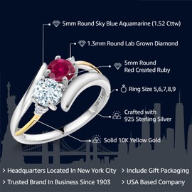 Gem Stone King 925 Sterling Silver and 10K Yellow Gold Red Created Ruby and Sky Blue Aquamarine with Lab Grown Diamond 2 Stone Crossover Ring For Women (1.52 Cttw, Available in size 5, 6, 7, 8, 9)