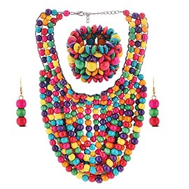 HENGYID African Wooden Multicolor Beads Long Bib Necklace Statement Layered Cluster Chunky Collar Choker Necklace Jewelry Accessories for Women (COLOR A)