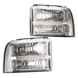 GRAND ORANGE Headlights Assembly Compatible with 2005-2007 Ford F250 F350 F450 F550 Super Duty/Fit 2005 Ford Excursion Headlamp Clear lens Chrome Houing Clear Reflector