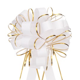 MECCANIXITY 5pcs 8 Inch Large Big Pull Bow with Gold Edge, Organza Car Gift Wrapping Bow Ribbon for Wedding Car Baskets Presents Christmas Bow, White