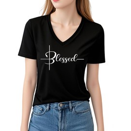 DANVOUY Blessed T-Shirt for Women Cute Graphic Tee Funny Casual V-Neck Tops Black Medium