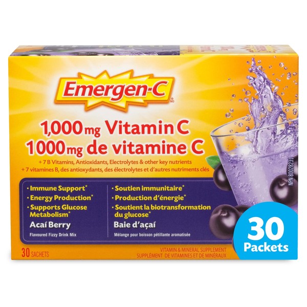 Emergen-C Immune Support Fizzy Drink Mix, A Boost of Vitamins and Minerals, Acai Berry, 30 Sachets