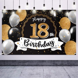 Nelbiirth - Letrero de fondo grande para cumpleaños de 18 años, diseño de globo negro y dorado, para decoración de fiesta de cumpleaños de 18 años