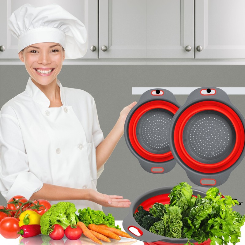 Red Kitchen Strainer Colander Set - 2 PCS Silicone Food