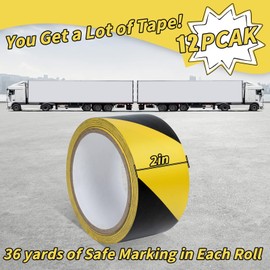 12 Pack Hazard Safety Warning Stripe Tape Bulk, 2 Inch x 36 Yards Black & Yellow Caution Tape Roll Waterproof Barricade Hazard Tape Self-Adhesive Tape for Floor, Walls, Pipes, Equipment Marking